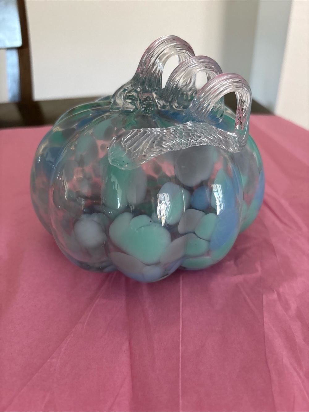 Handblown Glass Clear With Blue Spots  Pumpkin